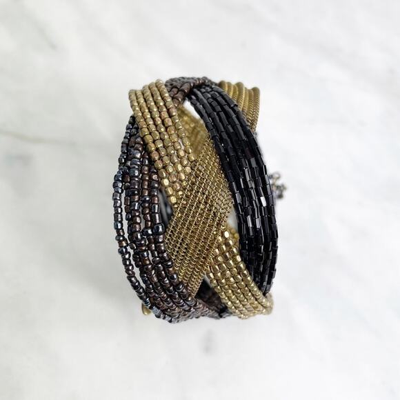 Metallic Tones Criss Cross Beaded Cuff Bracelet - Picture 2 of 6
